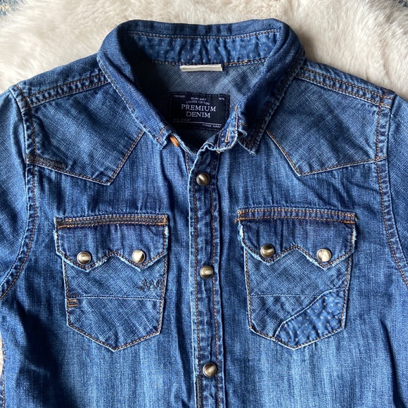 Zara boys denim shirt chambray snap front shirt kids western pockets size 8 - Picture 2 of 10